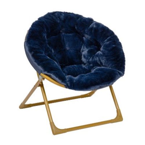 Emma and Oliver 23" Kids Cozy Mini Folding Saucer Chair, Faux Fur Moon Chair for Toddlers and Bedroom, Navy/Soft Gold