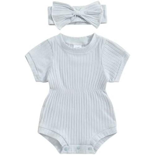 Karwuiio Newborn Baby Girl 2 Piece Outfits Short Sleeve Knit Jumpsuit Romper with Headband Summer Clothes