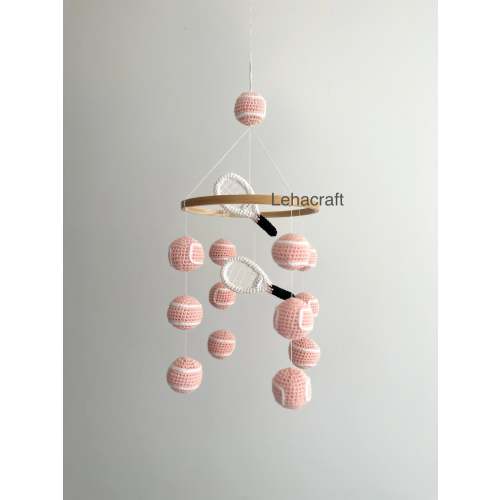 Crochet pink tennis balls and rackets baby mobile with Wooden Frame