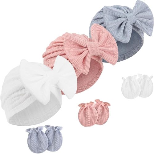 Newborn Baby Hats and Mittens Set Infant Bow Beanie Cap Toddler Gloves Newborn Hospital Hats for Baby Boy Girl 0-12 Months