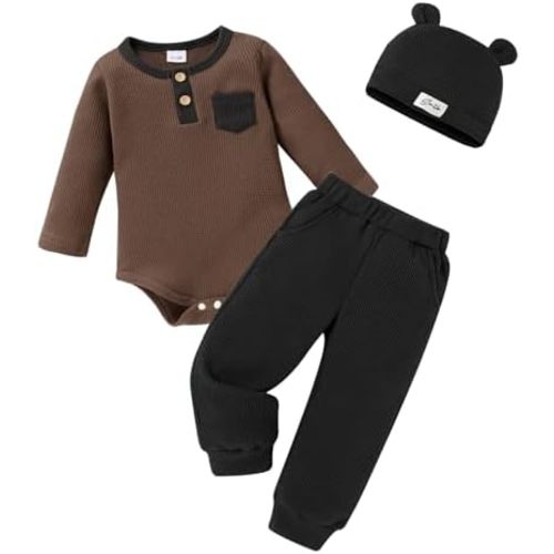 Happy Town Newborn Baby Boy Clothes Waffle Knit Long Sleeve Romper Solid Color Pants Set with Hat Infant Fall Winter Outfit