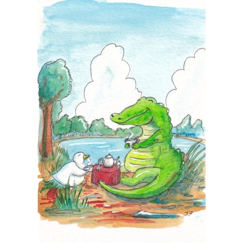 Watercolor and Ink Crocodile and Duck Tea Time Prints and Canvas