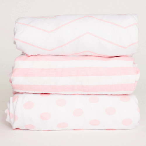 NODNAL CO. Pink and White Cotton Playard/Portable Crib/Mini Crib Fitted Sheet Set, 100% OEKO-TEX Cotton, 3 Pieces, for Baby Girl Infant/Toddler Nursery Bedding