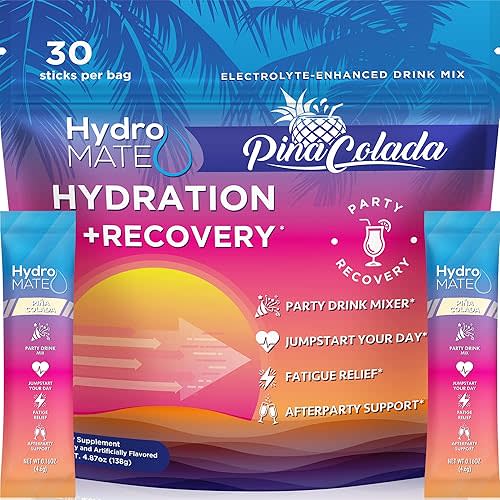 HydroMATE Electrolyte Powder Low Sugar Pina Colada - 30 Count Instant Hydration Accelerator Drink Mix for Fast Recovery to Boost Energy - Supports Hydration on Keto Diet & Party Recovery