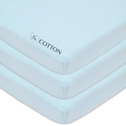 American Baby Company 3 Pack 100% Natural Cotton Fitted Mini Crib Sheets 38" x 24" - Soft & Breathable Small Nesting Portable Sheets, Fits Pack N Play Mattresses, Blue, for Boys & Girls