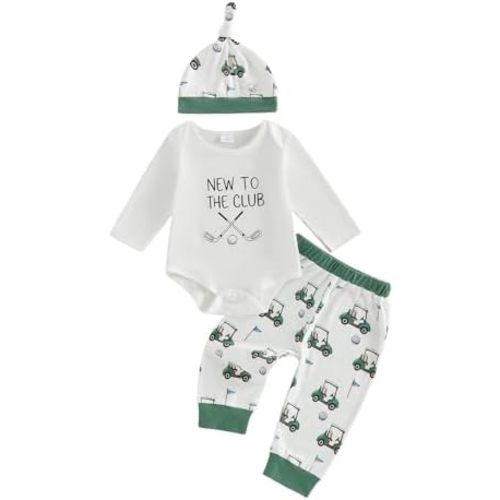 Rtnnsbbfcm Newborn Baby Boy Clothes Golf Romper + Pants + Hat 3 Piece Set