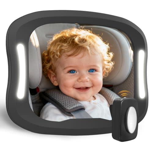Baby Car Mirror with LED Light & Remote Control - Night Vision Rear Facing Car Seat Mirror, Adjustable Shatterproof Safety Mirrors for Backseat Infant, Universal Fit for Cars, SUVs (Black)