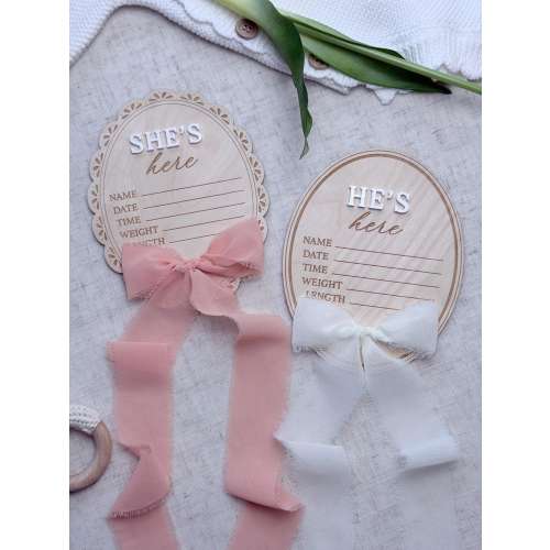 He’s Here She’s Here Birth Announcement Sign, Newborn Hospital Baby Stats Plaque