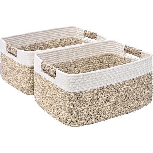 2 Pk Woven Cotton Rope Basket 17.5"x13"x7" (Off White & Brown)