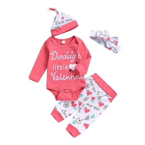 Kiapeise Daddy 's Valentine Newborn Baby Girls 4Pcs Outfit Clothes Long Sleeve Romper Pants hat Headband Pink