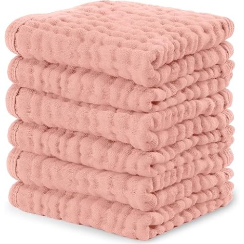 Comfy Cubs Muslin Baby Washcloths 6 Pack - Soft 6-Layer Cotton Wash Cloths for Sensitive Skin - 10"x10" Large, Gentle, Absorbent Infant Essentials for Newborn and Toddlers - Bold Blush