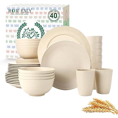 Homienly 40 PCS Dinnerware Set Service for 8, Kitchen Wheat Straw Dinnerware Set Unbreakable - Plates Set, Bowls Set,Cups Set, Microwave and Dishwasher Safe Dish Set for Dinner, Outdoor(Beige)