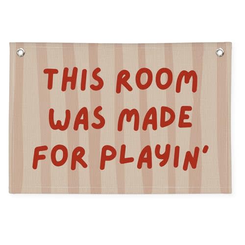 Wheatwin Playroom Decor Wall Banner "This Room Was Made For Playin'" 20x30 Inch - Nursery Canvas Art, Kids Bedroom Hanging, Linen Toddler Play Area Sign, Children's Canvas Flag Decor