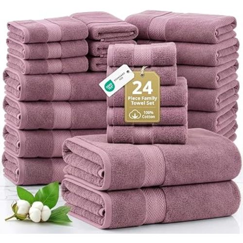 LANE LINEN Bathroom Towels Set - 24 PCs - 100% Ring Spun Cotton - Quick Dry, Soft & Absorbent - 4 Bath, 4 Fingertip, 6 Hand Towel, 8 Washcloths, 2 Bath Sheets - Towels for Regular Use - Wistful Mauve