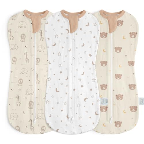 Baby Swaddle 0-2 Months, Cotton Arm-In Zipper Sleep Sack, Wearable Blankets Wrap for Newborn Infant Girls, Boys (Animal, Star Moon, Bear, Pack of 3)