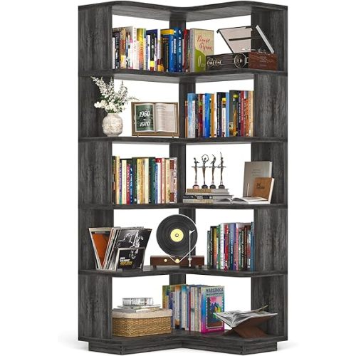 Armocity Corner Book Shelf - 6 Tier Corner Bookshelf Etagere Bookcase with Baffle, Freestanding L Shaped Display Shelf Stand for Home Office, Living Room, Bedroom, Kitchen, Grey Oak