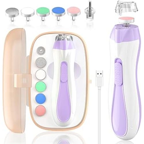 Baby Nail File Electric Baby Nail Care Set with LED Light, Baby Nail Clipper Electric for Newborn/Infants/Adults Toenails and Fingernails, 7 Grinding Head Replacement Pads, Purple