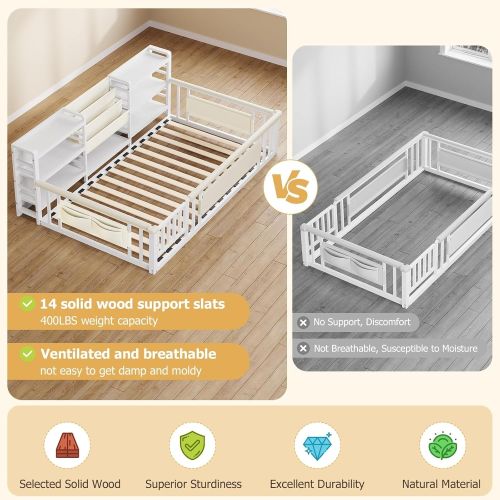 Twin Floor Bed for Kids with High Fence Door Storage Bookcase & Shelf