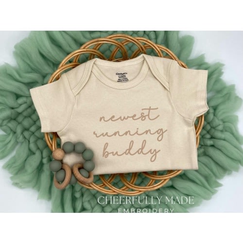 Embroidered newest running buddy Bodysuit, Runner Pregnancy Announcement, Outdoorsy Baby Announcement, Baby Shower Runner Gift, running bud