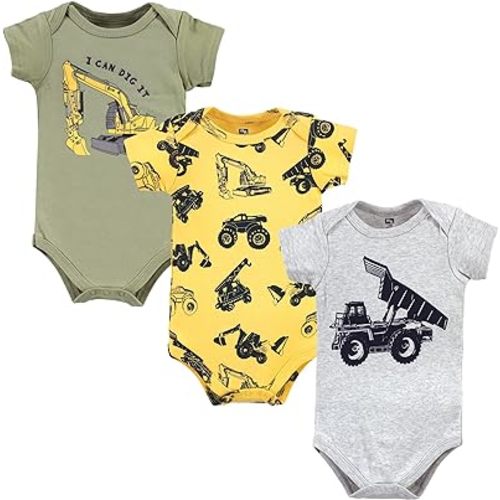 Hudson Baby Unisex Baby Cotton Bodysuits, Construction Trucks, 3-6 Months