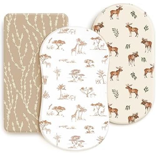 GRSSDER Stretchy Ultra Soft Fitted Bassinet Sheets 3 Pack, Universal Fit for Baby Cradle Moses Basket Oval Rectangle Mattress Safe and Snug, Free Animals Stylish Print