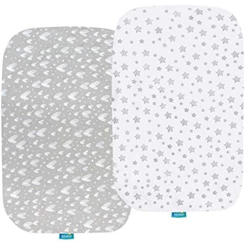 Bassinet Sheets for Baby Boy Girl, 100% Cotton Sheets, 2 Pack(Gray Print)