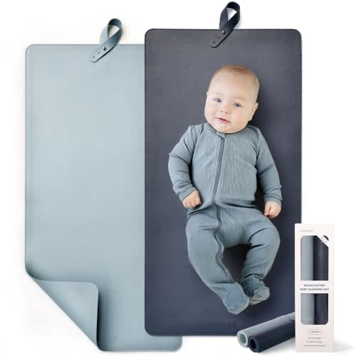 Thickened Baby Changing Pad 2 Pack, Portable Travel Mat with Roll-up Design | Wipeable vegan leather. Anti-slip bottom for safety. No crease, easy storage. Perfect for on-the-go diaper changes.