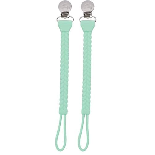 Itzy Ritzy Silicone Pacifier Clip; 100% Silicone Pacifier Strap with Clip Keeps Pacifiers, Teethers & Small Toys in Place; Features Cute Braid Detailing & Silicone Cord, Mint with Silver Clip