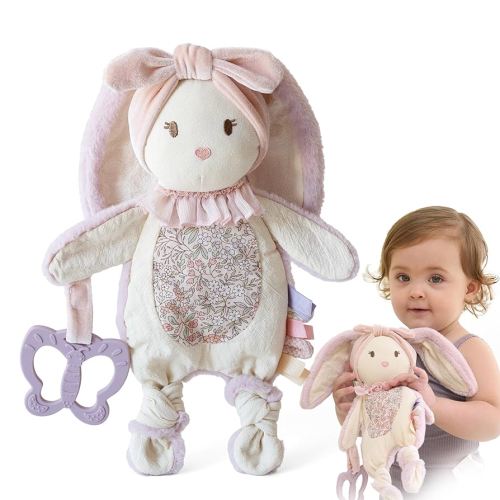 Moonkie Baby Lovey with Silicone Teether, Bunny Security Blanket with Textured Ribbons, Crinkle Toys, Soft Minky Velour & Natural Cotton, Newborn Girl Gift for Baby Shower or Birthday
