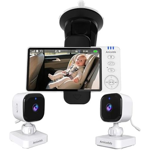 Wireless Dual Camera Baby Car Monitor - 5" Display, No WiFi Needed 2.4GHz FHSS, 1000ft Range, 7H Battery, 360° PTZ & Motion Tracking, No-Red-Light Night Vision, for Vehicle & Home Use