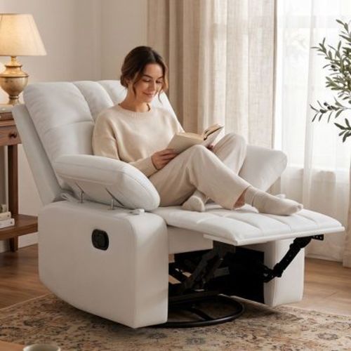 TYBOATLE Swivel Rocker Recliner, Glider Nursery Chair with Manual Recliner, Padded Armrests & Footrest, PU Leather Nursing Chair for Living Room,Beige