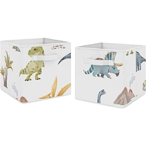 Sweet Jojo Designs Set of 2 Collapsible Fabric Storage Cubes (Watercolor Dinosaur Dino) for Boys, Baby, Kids, Childrens Foldable Bins Organizer Boxes Toys (Blue & Green, Modern Dinosaurs, Jurassic)