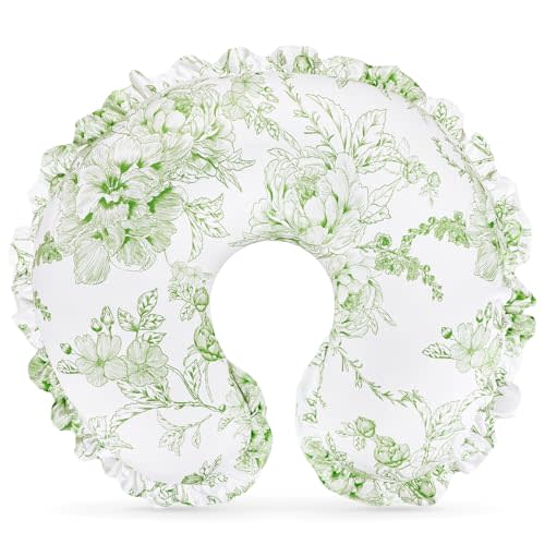 DILIMI Nursing Pillow Cover, Removable Ruffled Pillowcase for Breastfeeding Pillows, Ultra Soft Comfortable Slipcover for Baby Girl and Boy, Green Floral