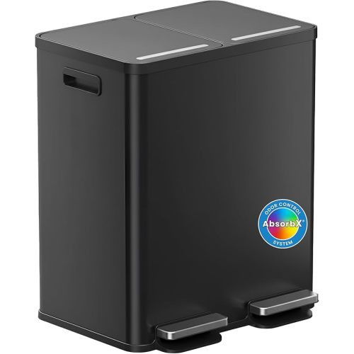 iTouchless Dual Step Trash Can and Recycler, 16 Gallon (60L) Fingerprint-Proof Stainless Steel, Matte Black Finish, Soft Close Hands-Free Operation with Double AbsorbX Odor Control, 2x8 Gal Inner Bins