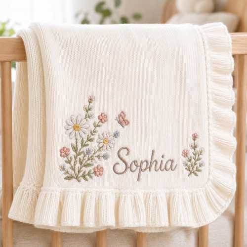 Floral Baby Blanket with Custom Name, Personalized Daisy Embroidered Knit Blanket, Butterfly Nursery Gift for Newborn, Baby Girl Gift
