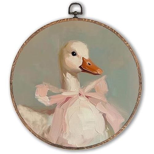 Coquette Pink Bow Duck Round Wall Art Framed, Preppy Girly Round Wall Decor, Vintage Girly Duck Hanging Canvas Prints Wall Sculptures for Girls Room Dorm Bedroom Decor, 10x10 Inch