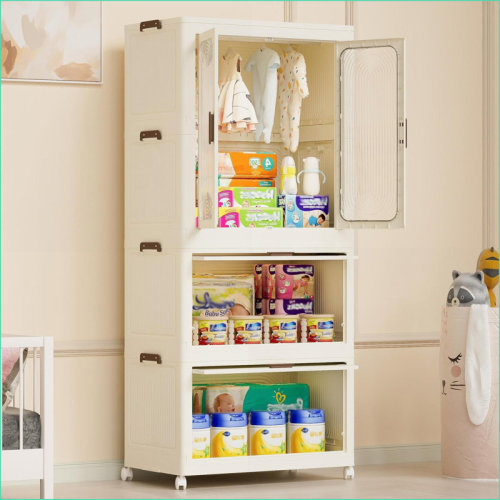 Wrought Studio™ Portable Wardrobe Closet Storage Organizer with 4 Cubes, Hanging Rod, 10 Hangers & Magnetic Doors - Snow White | Minimalist | Bedroom | Wayfair