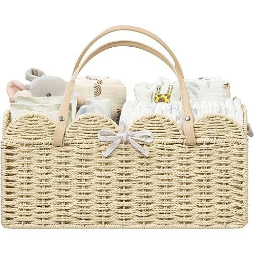 HBlife Large Baby Diaper Caddy, Paper Rope Storage Baskets Nursery Bin with Removable Divider, Portable Car Organizer for Diapers, Baby Shower Gifts, Newborn Essentials Must Haves