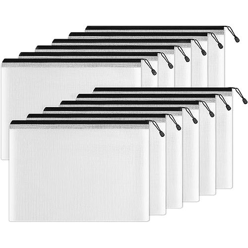 SUNEE Plastic Mesh Zipper Pouch 11x16 in (Black, 12 Packs) Extra Large Zip File Bags for Office Supplies, Cosmetics, Travel Storage, Bills, Accessories, Puzzles & Games Organizing Storage