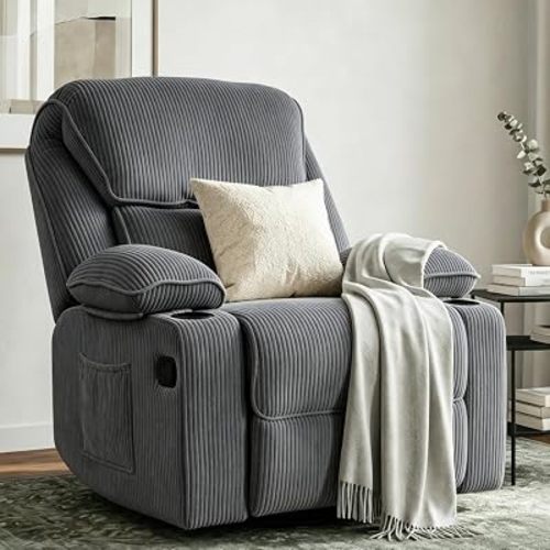 Rocking Recliner Chair, Nursery Rocking Chairs for Adults, 360° Swivel Glider Recliner Chair with Cup Holder, Upholstered Rocking Chairs for Living Room, Corduroy, Dark Grey