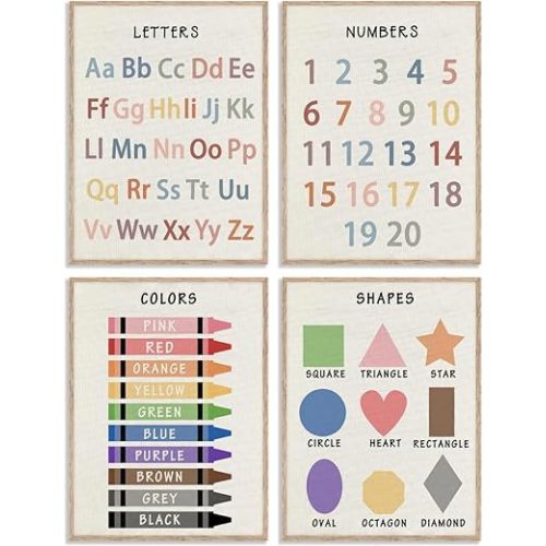 ZPJLRFC 4Pcs Nursery Classroom Canvas Wall Art Educational Preschool Learning Posters Artwork Shapes Colors Numbers Alphabet Painting Pictures Wall Decor for Playroom Home Decoration 8x10in Unframed