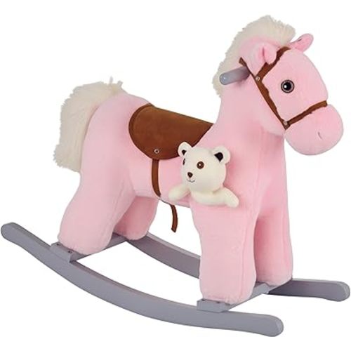 Qaba Kids Plush Ride-On Rocking Horse with Bear Toy, Children Chair with Soft Plush Toy & Fun Realistic Sounds, Pink