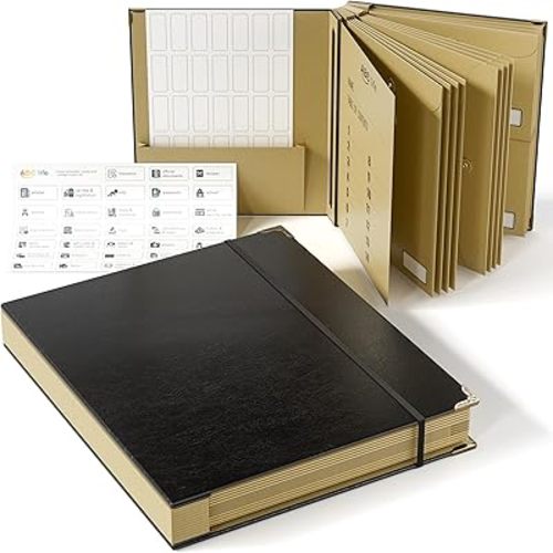 ABC life Document Organizer, Expanding File for Important Papers, Passports, Birth Certificates, Passports, Photos and Letters, Spine-Free Design with Elastic Closure - Black
