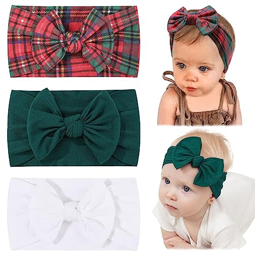 jollybows 3PCS Baby Nylon Headbands Christmas Hairbands Hair Bow Elastics for Baby Girls Newborn Infant Toddlers Kids (10-White+Green+Plaid, 3 Count (Pack of 1))