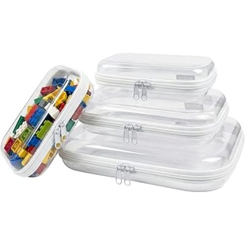 3Pcs Clear Hard Plastic Zipper Case Waterproof Cosmetic Bag Transparent Stackable Storage Organizer Box for Travel Toy Storage Bins Toiletry Pouch