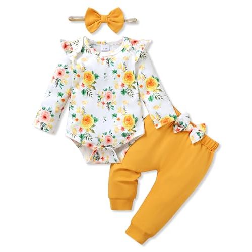 YALLET Baby Girl Clothes Newborn Infant Girl Outfits Floral Romper+Pants+Headband Fall Baby Layettes for Clothing 0-18 Months