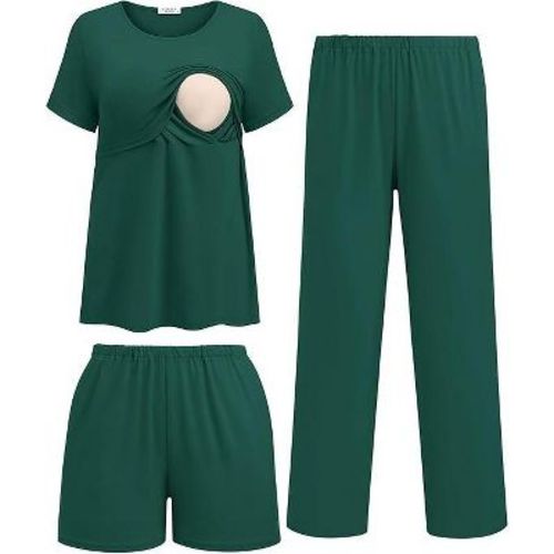 Ekouaer 3 Piece Postpartum Nursing Pajamas Set Short Sleeve Breastfeeding Shirts Pregnancy Shorts & Pants Maternity Pjs Lake Green M