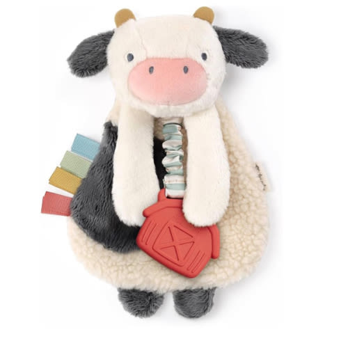 Itzy Ritzy - Itzy Lovey Including Teether - Baby Lovey with Teether, Textured Ribbons & Dangle Arms - Features Crinkle Sound, Sherpa Fabric and Minky Plush (Cow)