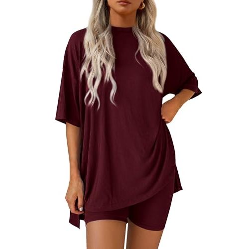 PRETTYGARDEN Women 2 Piece Lounge Set 2026 Summer Casual Oversized Shirts Biker Shorts Matching Airport Travel Outfit Clothes