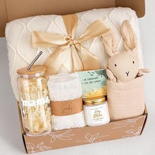 New Mom Gifts, New Mom Care Package After Baby, Baby Shower Gifts for Mom to Be, Pregnancy Gifts for Expecting Mother, Unique 16OZ Mama Glass Cup Knitted Blanket Gift Baskets for Women (White)